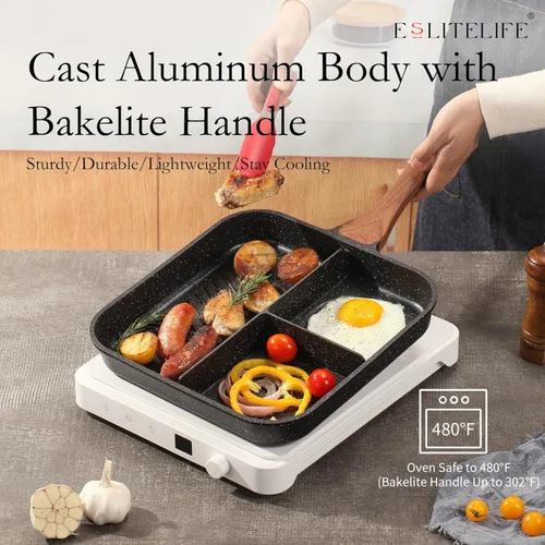 Miniatura 5 de Eslite Life Parrilla, sartén antiadherente dividida de 11 pulgadas para cocinar en interiores, versátil 3-en-1 de inducción, sartén grande