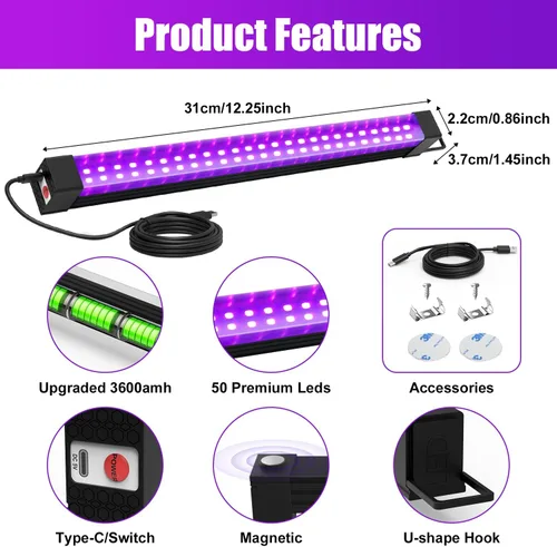 Miniatura 2 de Barra de luz negra recargable, paquete de 2 unidades, luces negras alimentadas por batería para fiesta brillante, tira de luces UV inalámbricas