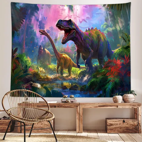 Miniatura 2 de Tapiz decorativo de dinosaurio para dormitorio de niños, genial animal antiguo T-Rex Forest Art Tapices para colgar en la pared, póster