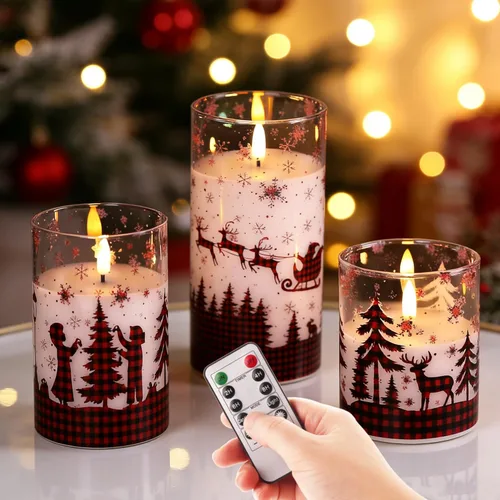 Miniatura 10 de Eywamage Juego de 3 velas LED de cristal verde, con forma de columna gruesa, funcionan con pilas, con control remoto, sin llama, parpadeantes