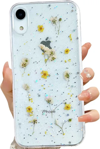 Miniatura 29 de LSEEKA Funda transparente para iPhone 13 Pro Max con diseño de flores reales prensadas, con purpurina, bonito patrón floral blanco, delgada, suave