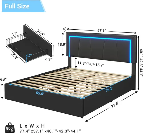 Miniatura 2 de DICTAC Marco de cama tamaño completo con cabecera y 4 cajones de almacenamiento, moderna plataforma de cama tapizada en cuero sintético