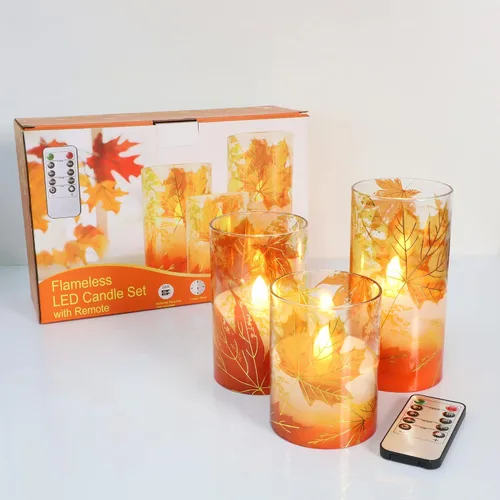 Miniatura 6 de Crystal Club Velas sin llama de otoño, hojas de arce de otoño, velas LED parpadeantes con control remoto y temporizador, velas de pilar con efecto