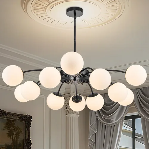 Miniatura 9 de Longree Sputnik - Lámpara de techo semiempotrada con forma de globo de vidrio de leche de 6 luces, color dorado, arte de mediados de siglo, moderna