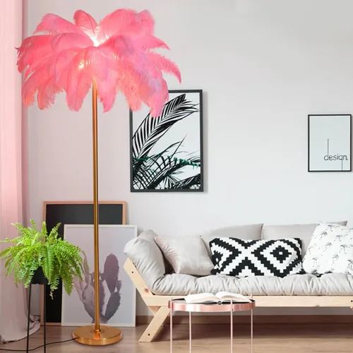 Miniatura 6 de Lámpara de pie moderna, pantalla de avestruz natural, lámpara de pie con luz blanca, cuerpo de lámpara dorado con cable enchufable, lámpara de pie