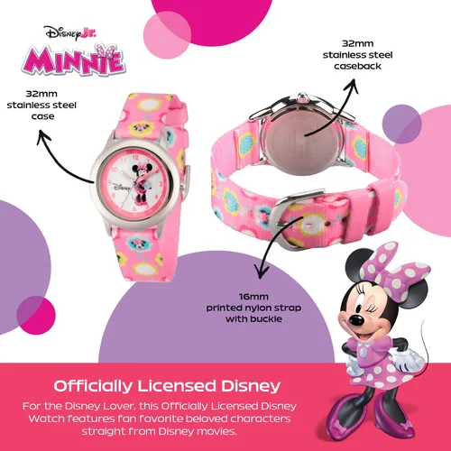 Miniatura 3 de Disney Minnie Mouse Watch for Girls – Cute Minnie Watch for Kids 3-5 with Stainless Steel Bezel & Pink Leather Strap – Adorable Mouse Watches