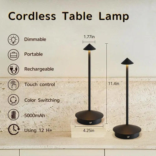 Miniatura 4 de Paquete de 2 lámparas de mesa inalámbricas de aluminio, lámparas de mesa recargables de 6000 mAh, lámpara LED táctil portátil, lámparas de mesa Negro