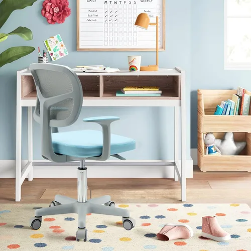 Miniatura 9 de HONEY JOY Silla de escritorio para niños, silla de estudio para niños de altura ajustable, silla giratoria de malla para estudiantes, ruedas Azul