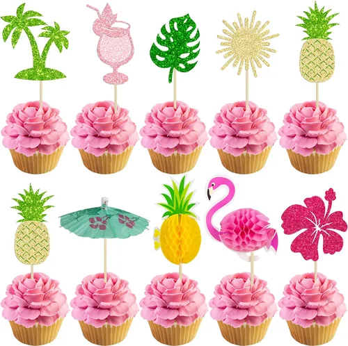 Miniatura 12 de 36 piezas de adornos para cupcakes de piña verde con purpurina verde para Luau despedida de soltera, fiesta de verano tropical, decoración