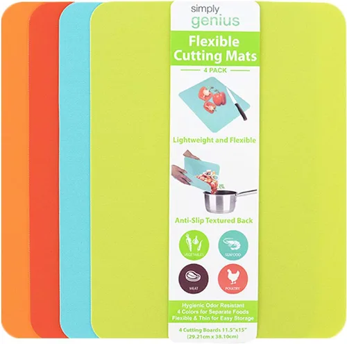 Simply Genius Juego de tablas de cortar flexibles, alfombrillas de plástico codificadas por colores, superficies de cortar aptas para lavavajillas,