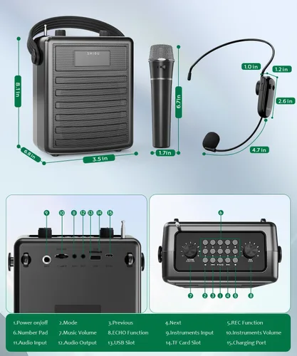 Miniatura 8 de SHIDU Amplificador de voz de 40 W con micrófono inalámbrico, sistema PA portátil con micrófono y altavoz inalámbricos, micrófono portátil Bluetooth