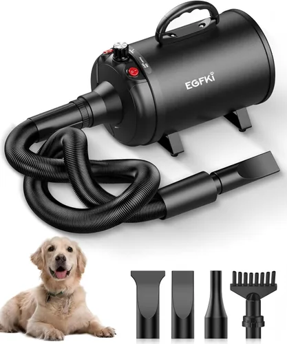 EGFKI Secador de Perros, Soplador de Alta Velocidad de 5.2HP/ 3800W para Mascotas con 4 Boquillas, Secador de Pelo de Perros Ajustable en Velocidad