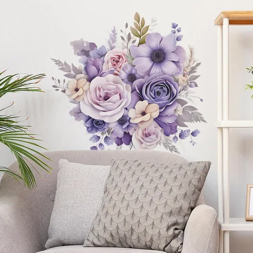 Miniatura 4 de Calcomanías de pared de flores de margaritas y rosas moradas, calcomanías de pared de arte floral romántico en acuarela extraíble, vinilo extraíble