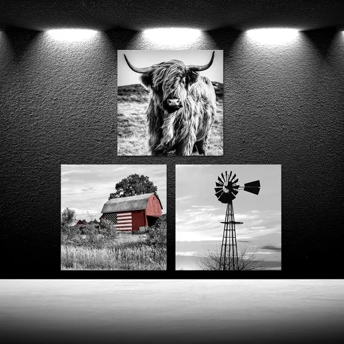 Miniatura 2 de Juego de 3 impresiones artísticas en lienzo en blanco y negro para pared, diseño de granero, bandera estadounidense, vacas y molinos de viento