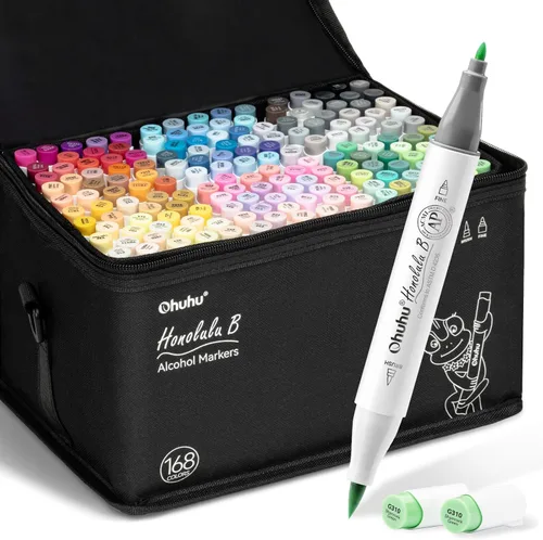 Ohuhu Punta de pincel para marcadores de alcohol: Juego de marcadores artísticos de doble punta de 168 colores para artistas y adultos,