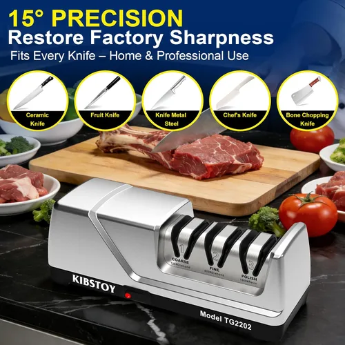 Miniatura 7 de Afilador de cuchillos eléctrico, afilador de cocina profesional de 3 etapas con 100% abrasivo de diamante, ángulo de precisión de 15°, caja de polvo