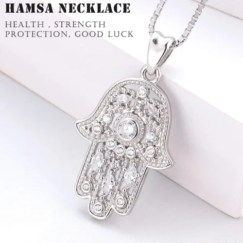 Miniatura 5 de Aniu Collar de plata de ley 925 para mujer colgante de mano de Fátima con circonita cúbica viene con caja de regalo de joyería negra y cadena de 18