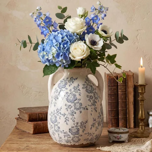 Ronasip Jarrones de cerámica vintage chinoiserie azul y blanco, decoración retro de 7 pulgadas, diseño de peonía pintada a mano, estilo antiguo,