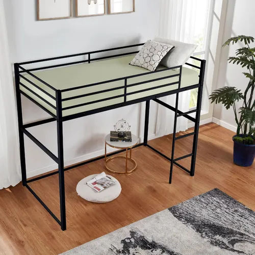 Miniatura 4 de Cama alta de metal tamaño matrimonial con barandillas de seguridad y escalera para adultos, niños, adolescentes, diseño duradero, ahorro de espacio