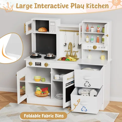 Miniatura 5 de MAMIZO Cocina de juego para niños, cocina de juguete de simulación de madera, juego de cocina Toodler, estufa con luz y sonido, fregadero, Blanco