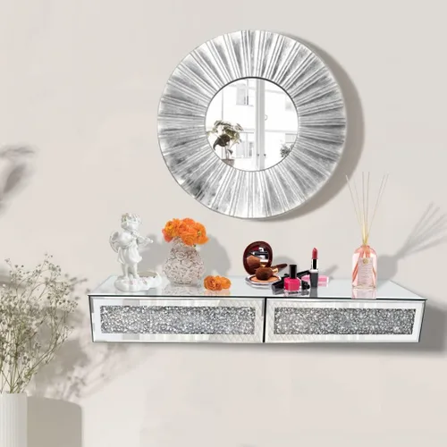 Miniatura 3 de Estante de pared con espejo de diamantes de cristal con cajón, estante flotante de vidrio triturado plateado de 31.5 pulgadas para dormitorio, sala