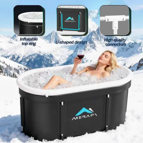Miniatura 3 de Merapi Bañera de hielo XL para adultos, bañera fría de 131 galones, bañera de baño de hielo portátil ovalada grande de 46 pulgadas, inmersión fría