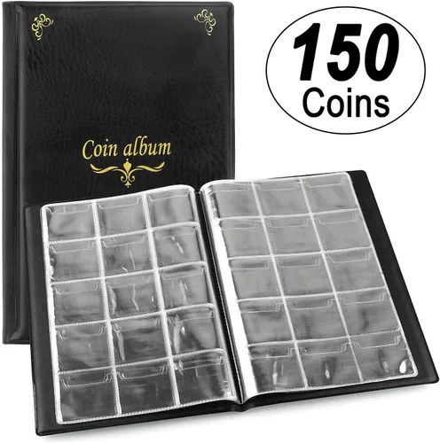 Miniatura 6 de Álbum de monedas de 150 bolsillos, libro de colección de monedas de recuerdo, ideal para pasaporte presionado, coleccionista de monedas de Negro