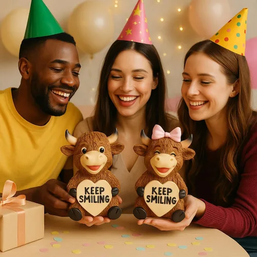 Miniatura 3 de iStatue Paquete de 2 figuras de resina de vaca Highland de 3.6 pulgadas – Lindo regalo Sigue Sonriendo para Navidad, día de San Valentín
