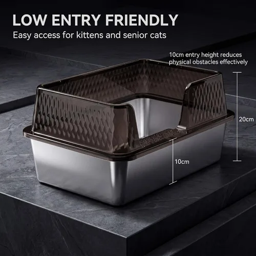Miniatura 2 de Suhaco - Caja pequeña de arena para gatos de acero inoxidable, entrada lateral, paredes altas, cajas de arena profundas para gatitos con lados Negro