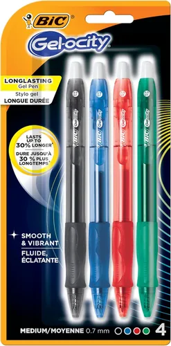 BIC Gel-ocity - Bolígrafo de gel retráctil original, punta media (0.028 in), colores surtidos, cómodo, agarre contorneado, 4 unidades