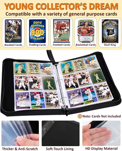 Miniatura 3 de Carpeta de tarjetas de béisbol con 900 bolsillos, 50 fundas de béisbol, carpeta grande de béisbol, 3 anillos con cremallera, soporte para tarjetas