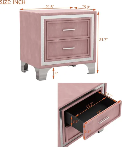 Miniatura 3 de Mesita de noche de terciopelo con 2 cajones, mesa auxiliar con almacenamiento, cómoda pequeña, muebles de mesita de noche, mesita de noche con patas