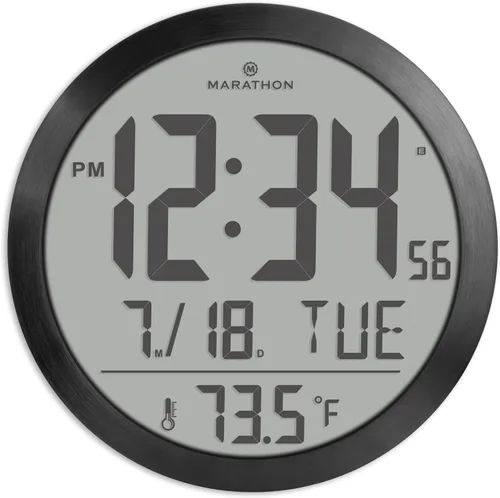 MARATHON Reloj de pared digital moderno negro – Pantalla fácil de leer de 15 pulgadas con día, fecha y temperatura para oficina en casa, cocina y