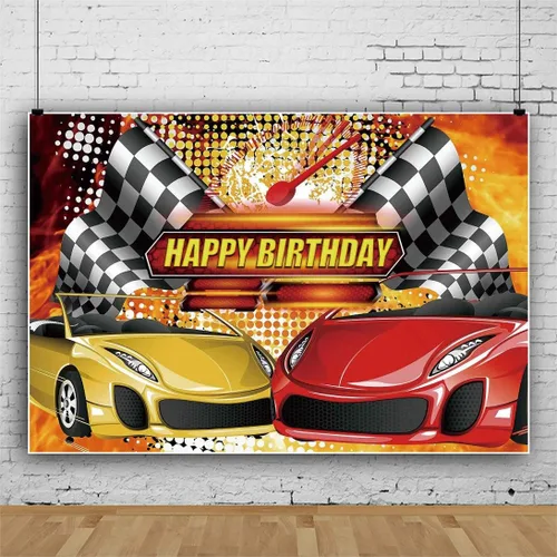 Miniatura 3 de Yeele Telón de fondo con temática de coche de carreras de 5 x 4 pies, color rojo y amarillo, bandera de campeón, fondo de fotografía, fiesta