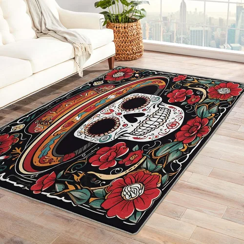 Miniatura 10 de Alfombra de Día de los Muertos de 2 x 3 pies, alfombra mexicana para entrada, alfombra de día de los muertos, decoración de habitación de niños