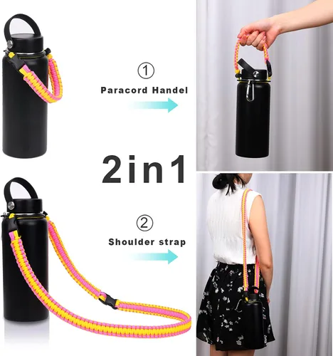 Miniatura 2 de Mango de cuerda de paracaídas con correa de hombro para correa de botella Hydro Flask Rosa y amarillo
