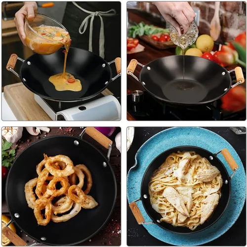 Miniatura 8 de HEMOTON Utensilios de cocina de metal Uso diario Wok Alimentos Doble Mango Olla Caliente Cocina Wok Olla Antiderrames