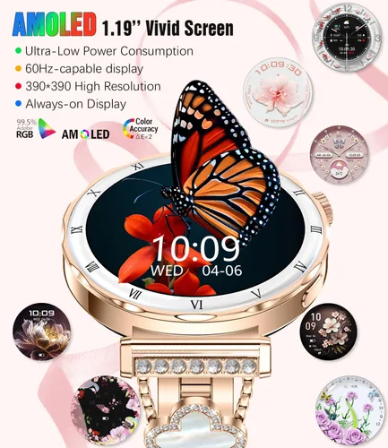 Miniatura 2 de Reloj inteligente para mujer, pantalla AMOLED HD de 1.19 pulgadas, reloj inteligente para mujer, rastreador de actividad física con monitor de Oro