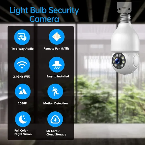 Miniatura 6 de Cámara de seguridad con bombilla WiFi de 2.4 GHz, cámara de enchufe de luz de 1080P, cámara de seguridad inalámbrica para interiores y exteriores