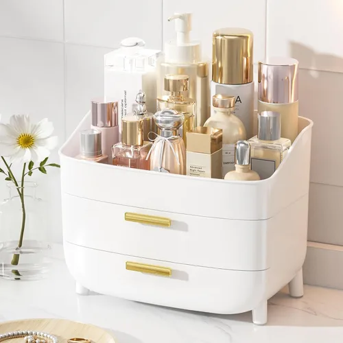 Vtopmart - Organizador de maquillaje y cuidado de la piel de 3 niveles con cajones para tocador y encimera de baño, gran caja de almacenamiento de