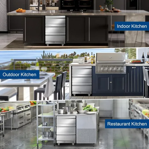 Miniatura 6 de FoMup - Refrigerador bajo encimera de acero inoxidable con 3 cajones, refrigerador de bebidas para exterior con ruedas, diseño impermeable y control