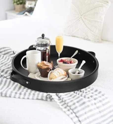 Miniatura 5 de HofferRuffer - Bandeja redonda de piel sintética con asas, bandeja de tocador decorativa para café, bandeja otomana de piel sintética para el hogar