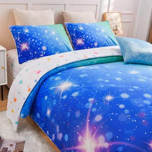 Miniatura 9 de A Nice Night Juego de ropa de cama de 6 piezas con purpurina degradada para niñas, juego de edredón colorido de galaxia arco iris, juegos de ropa