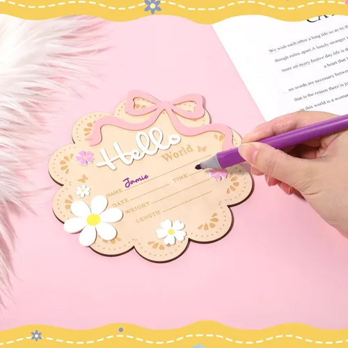 Miniatura 5 de Letrero de anuncio de madera para recién nacido, Butterfly Daisy Hello World Board, letreros de bienvenida para recién nacidos con decoraciones