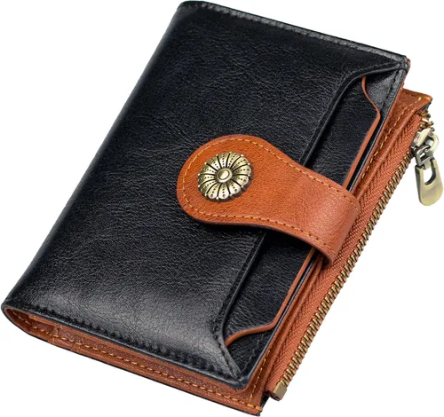 Cartera pequeña para mujer, con bloqueo RFID, de piel suave, plegable, compacta, tarjetero para mujer, con bolsillo con cremallera, color negro y