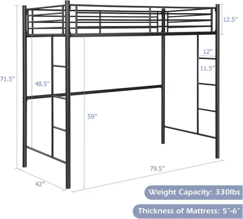 Miniatura 2 de Giantex Cama alta de metal tamaño individual, marco de cama alta resistente con 2 escaleras, litera individual sobre loft con protector de longitud