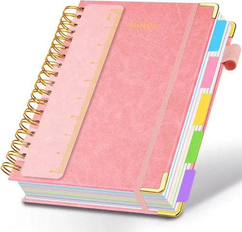 Cuaderno de espiral con tapa dura, de 8 x 10 pulgadas, separadores y divisores extraíbles, 300 páginas, 5 asignaturas, a rayas, de piel sintética,