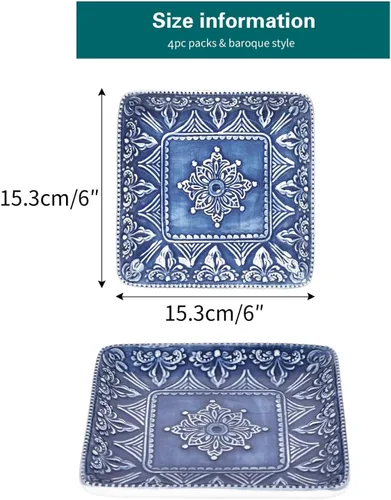Miniatura 6 de Sungmor Vajilla fina de cerámica en relieve, porcelana de estilo barroco antiguo de 6 pulgadas, platos cuadrados para aperitivos, juego de 4, 4