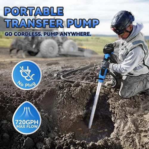 Miniatura 2 de Bomba de transferencia de agua inalámbrica de 720 GPH 32 pies con cabezal incluido, batería de 2 x 4000 mAh 21 V y cargador de 90 minutos de tiempo