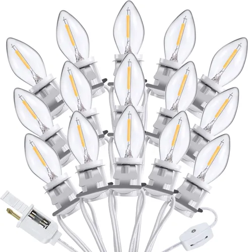 Meonum Cable de accesorios con 15 bombillas LED, cable de luz C7 de aldea navideña con dos fusibles de repuesto, tira de luces de molde de soplado